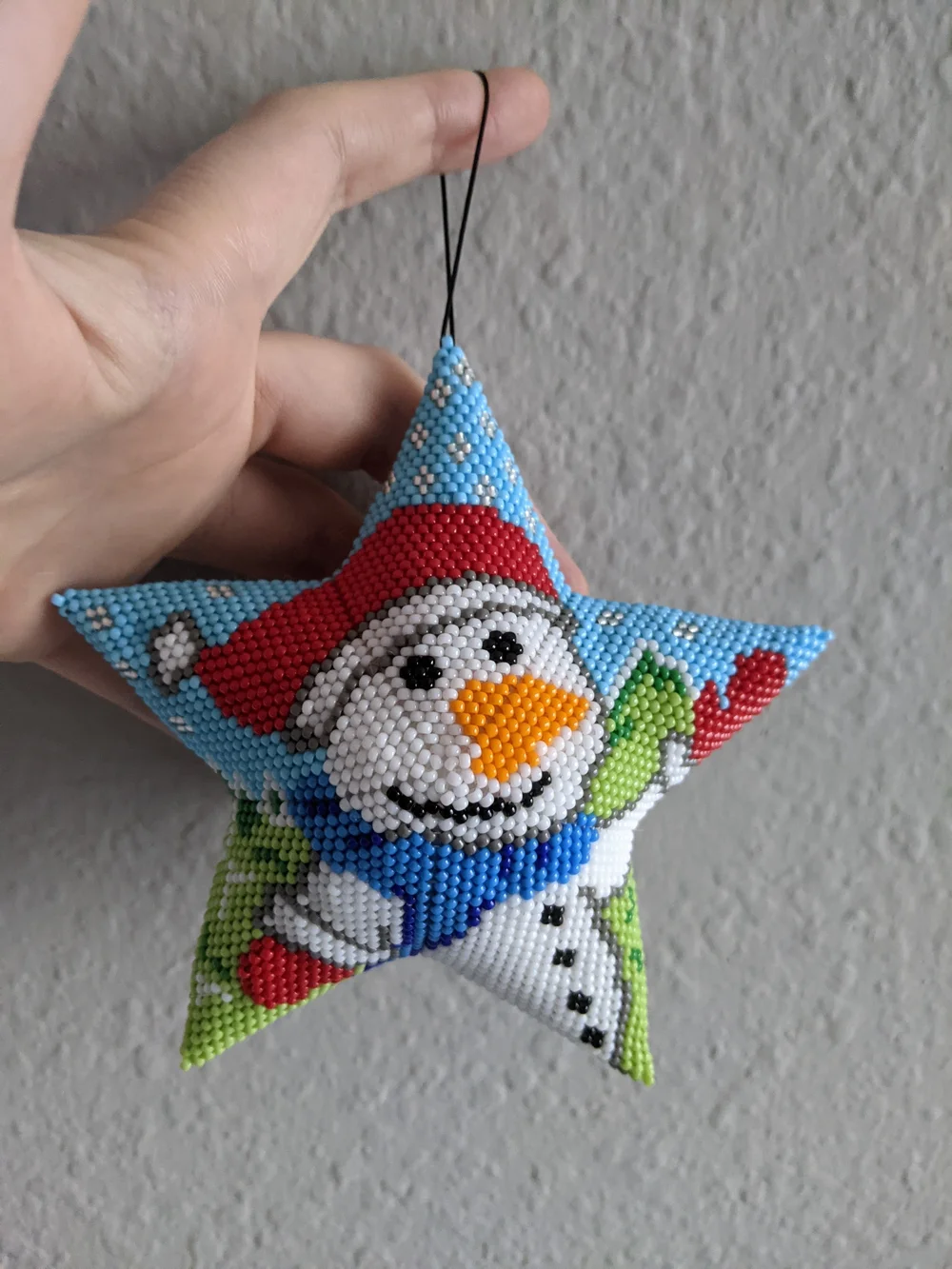 Handmade Blue Star Snowman Ornament with Red Hat
